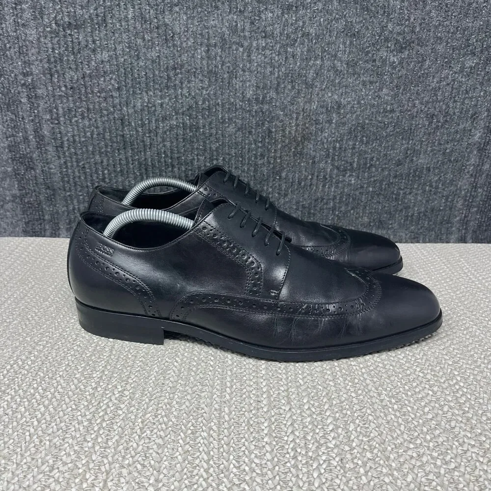 BOSS Hugo Boss Wingtip Oxford Dress Shoes Black Leather Mens Size 10 US